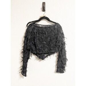 Innovare Denim Black Sheer Textured Tulle Crop Top Long Sleeve Shorts Set Small‎